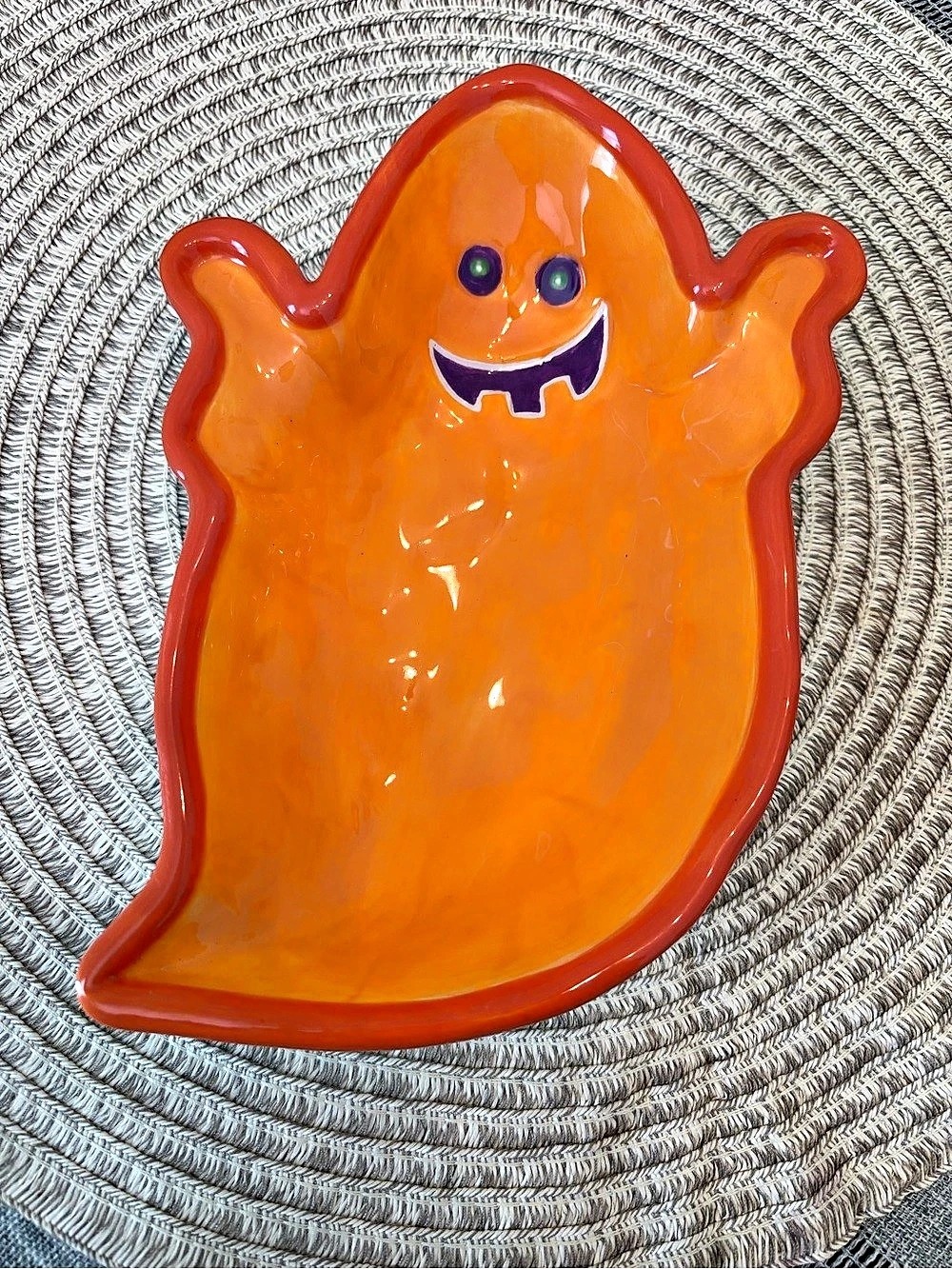 Ghost Halloween Ceramic Serving Dish Orange Red